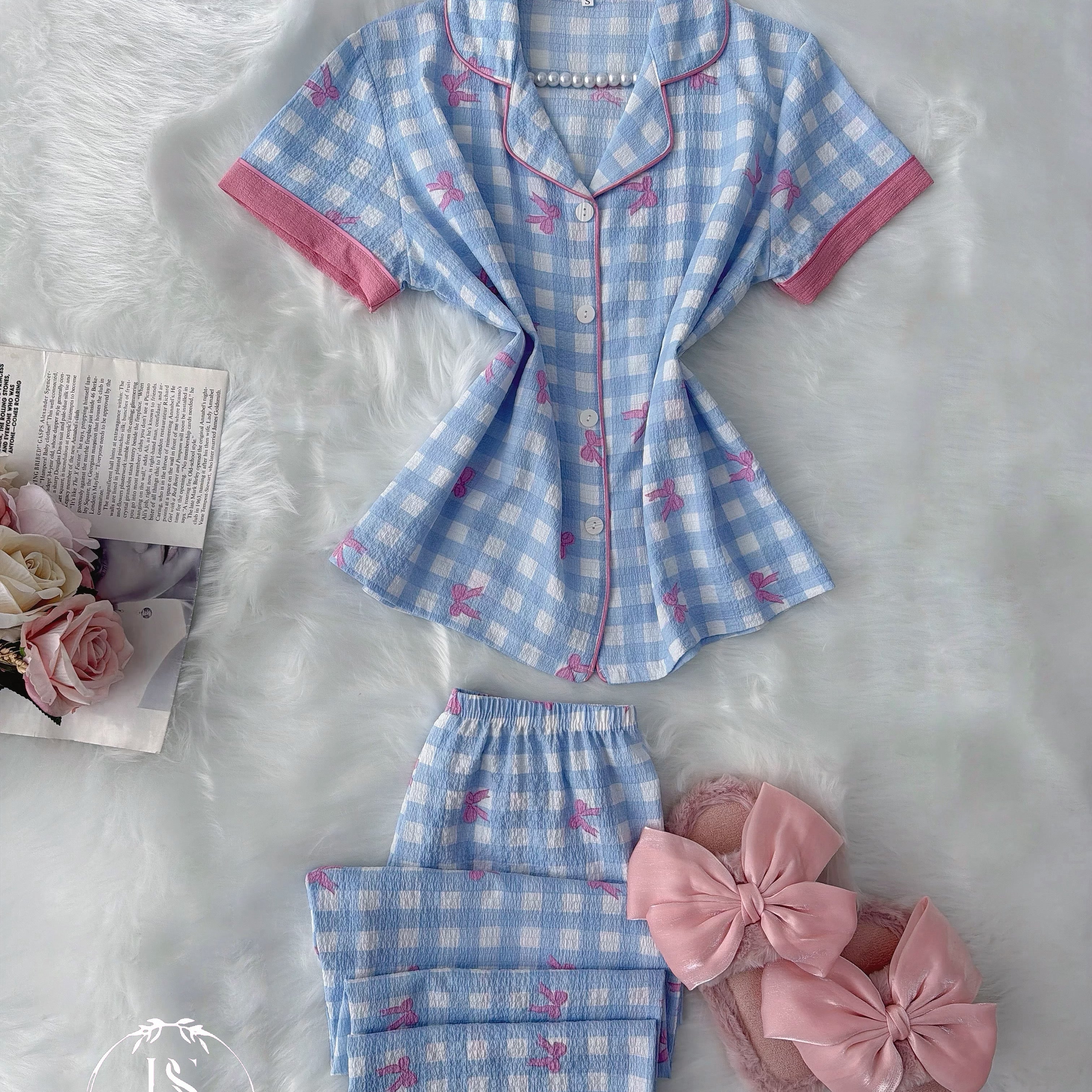 Blue Karohat Small Pink Bow Half Sleeve
