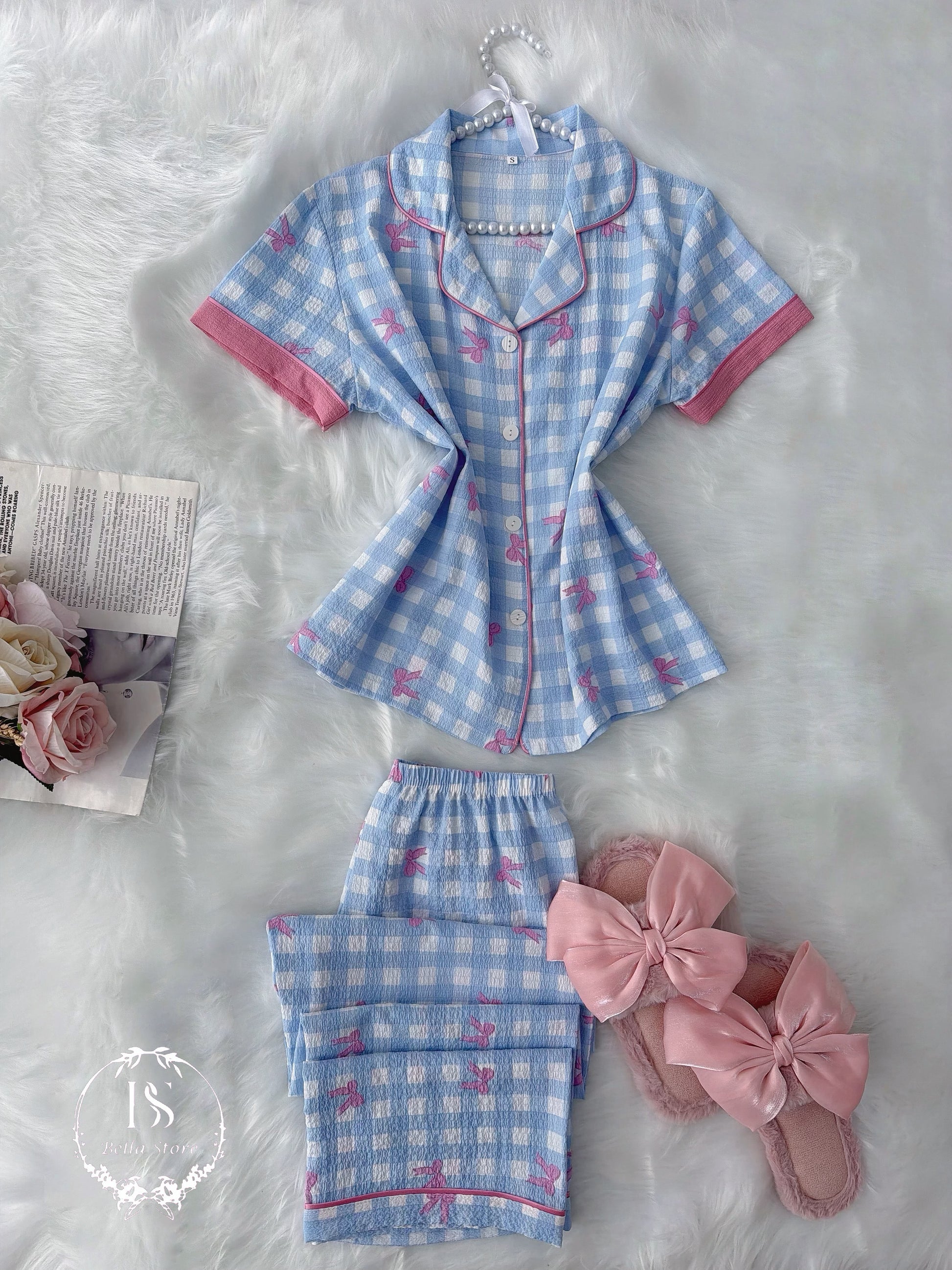 Blue Karohat Small Pink Bow Half Sleeve