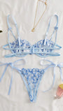 Style Dream 2pcs Women Cool Light Blue Flower Embroidered Mesh Sheer Lace-Up Lingerie Set, Intimate Apparel For Valentine's Day, Kawaii Ultra Thin Bra - Bella Store