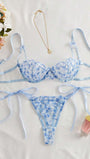 Style Dream 2pcs Women Cool Light Blue Flower Embroidered Mesh Sheer Lace-Up Lingerie Set, Intimate Apparel For Valentine's Day, Kawaii Ultra Thin Bra - Bella Store