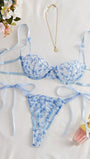 Style Dream 2pcs Women Cool Light Blue Flower Embroidered Mesh Sheer Lace-Up Lingerie Set, Intimate Apparel For Valentine's Day, Kawaii Ultra Thin Bra - Bella Store